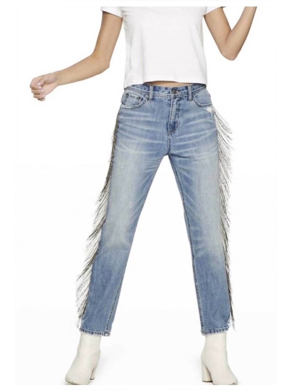 Blue Revival Denim Blue Women's Straight Jeans w Side Silver Fringe Trim Detai